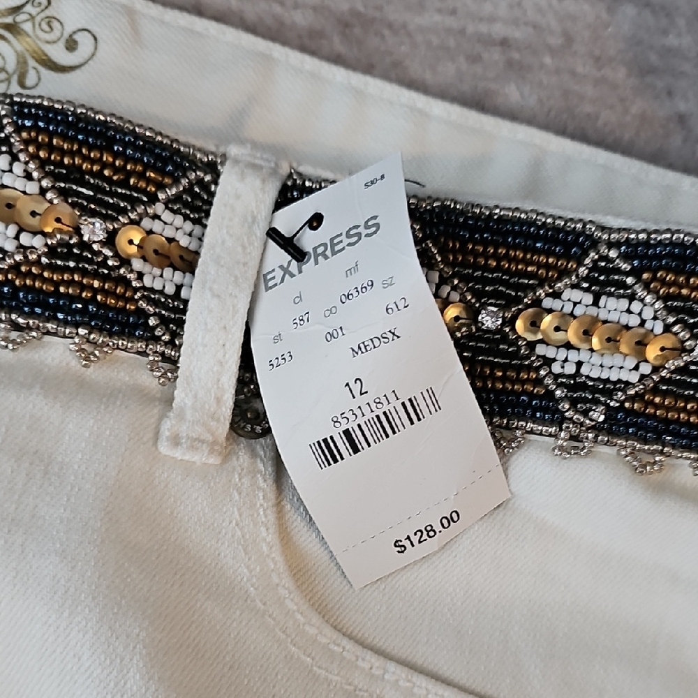 Express Women's Cream and Black Sequin Jean Shorts - Picture 2 of 4